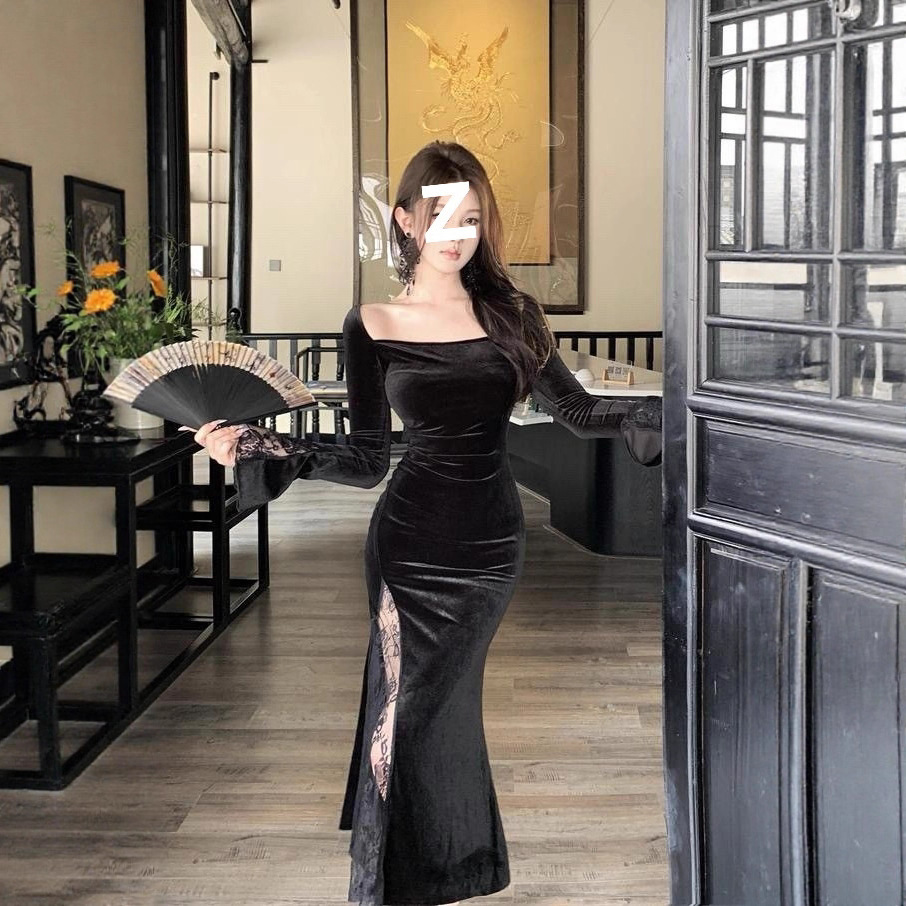 Hepburn-Style Black Evening Dress for Annual Meetings, High-End Light Luxury Niche Toast Dress, Socialite Off-Shoulder Velvet Gown