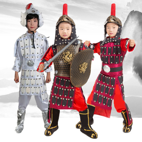 Children boys chinese ancient mulan ancient soldiers recitation sacred costumes Yang warrior general yue fei armour swordsman performance clothing