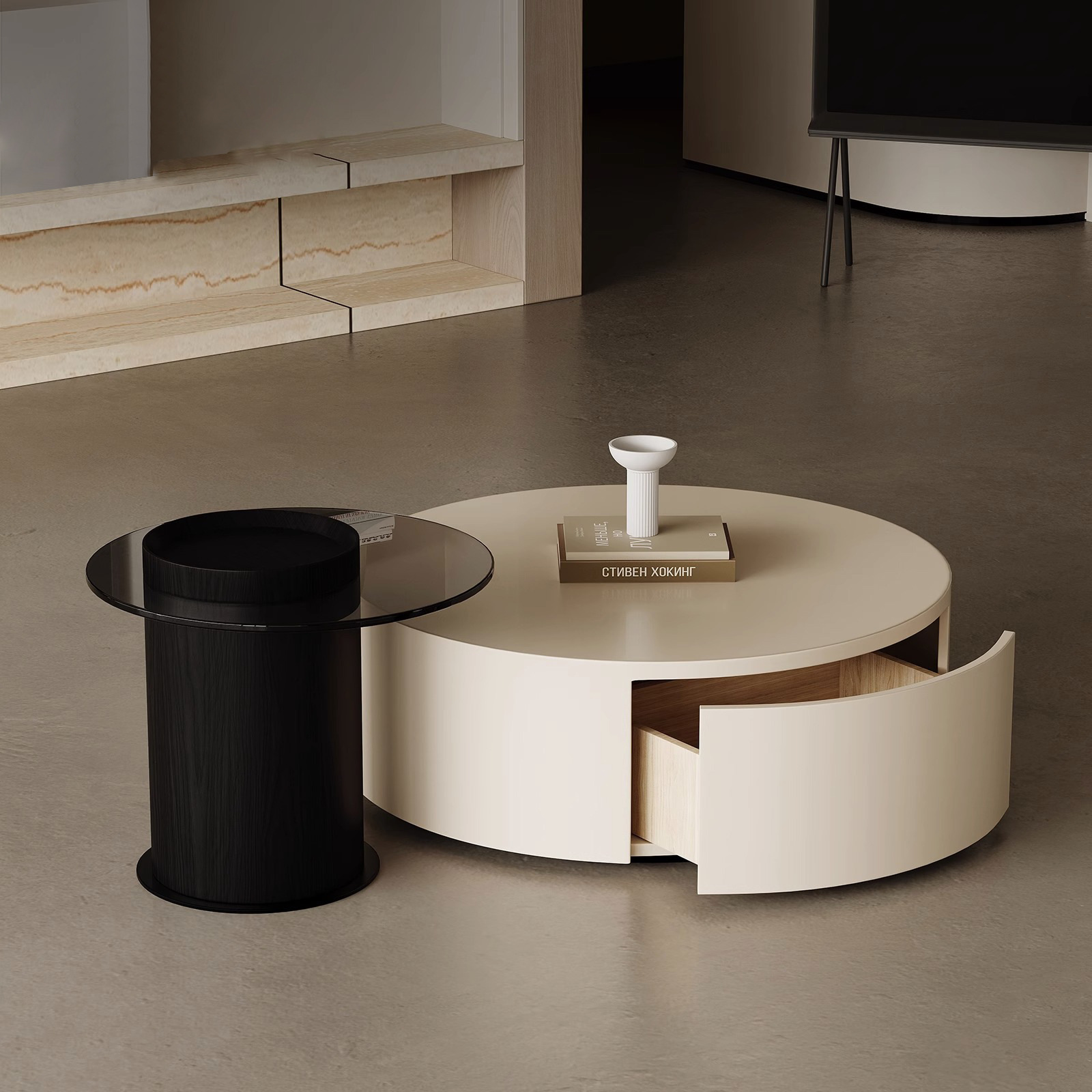 Sala de estar en casa simple mesa de té TV gabinete combinación luz estilo crema francés mesa de té tamaño redondo mesa de té de diseño