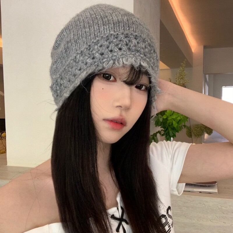 秋冬慵懒风毛边针织包头帽女气质显脸小毛线帽百搭高级感套头冷帽|undefined