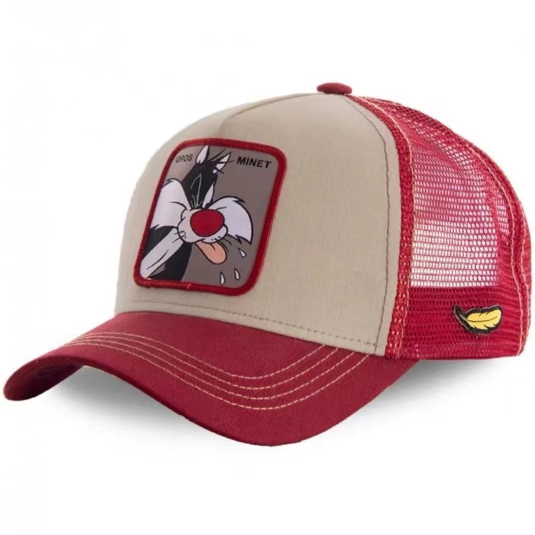 2024 nueva gorra bordada de anime de pato de dibujos animados, gorra de conductor de camión, gorra de béisbol de malla extraña de boca grande