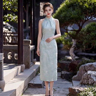 贝之韵蓝花改良提花长款旗袍女2026春新款少女无袖年轻款上班穿