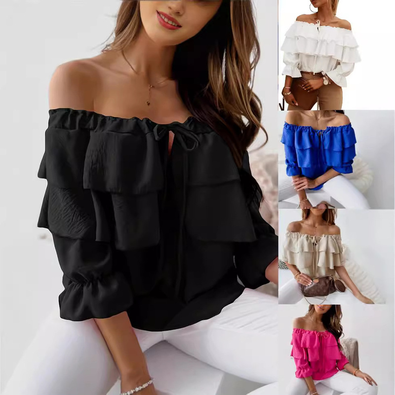 2022 Cross-border New Product One-character Collar Pullover Chiffon Lace-up T-shirt Casual Loose Ruffled Short-sleeved Top Women's Clothing 2022 Cross-border New Product One-character Collar Pullover Chiffon Lace-up T-shirt Casual Loose Ruffled Short-sleeved Top Women's Clothing