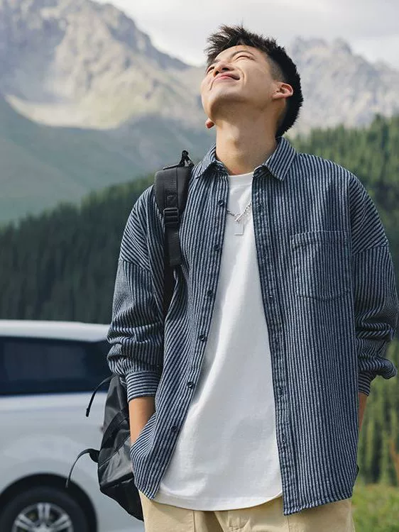 Lu Xiaohu модная брендовая джинсовая рубашка в полоску с длинными рукавами, мужская повседневная синяя рубашка в японском стиле для городских парней, куртка