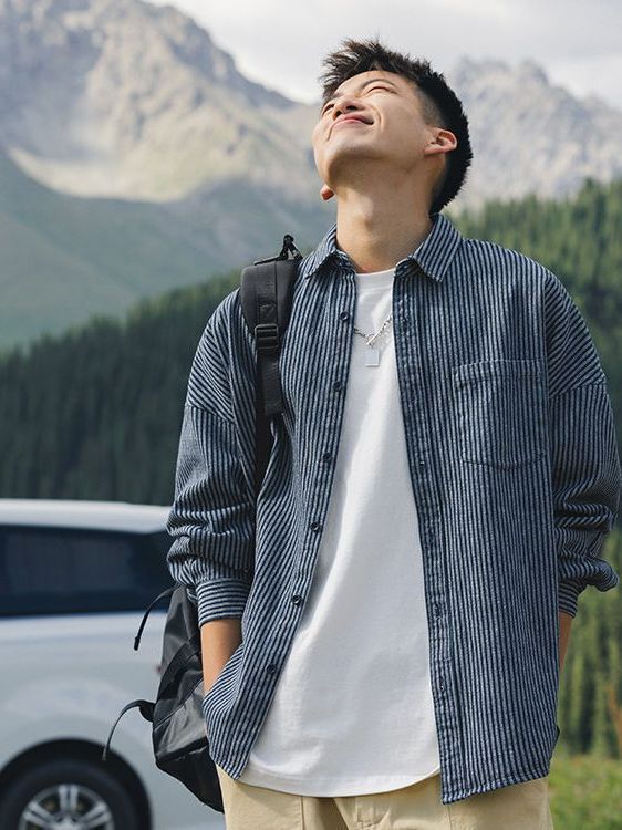 Lu Xiaohu Trendy Brand Washed Stripesd Denim Long-Sleeved Shirt Men's Japanese Style Casual Cityboy Blue Shirt Jacket