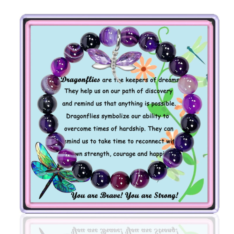 Striped Purple Agate Bracelet 8mm Pearl Crystal Turquoise Beaded Diamond-Encrusted Dragonfly Bracelet Purple Agate Dragonfly Bracelet