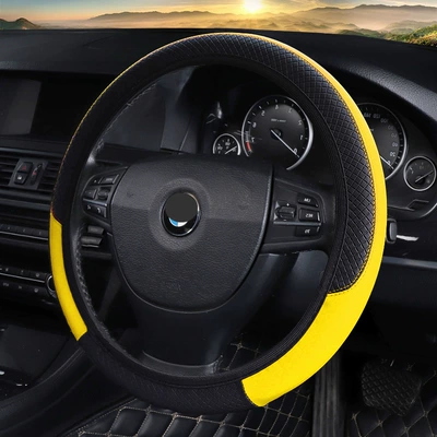 Steering wheel cover: fiber four seasons car handle - dd-no-inner-ring-embossed-grid-new-black-yellow-38cm