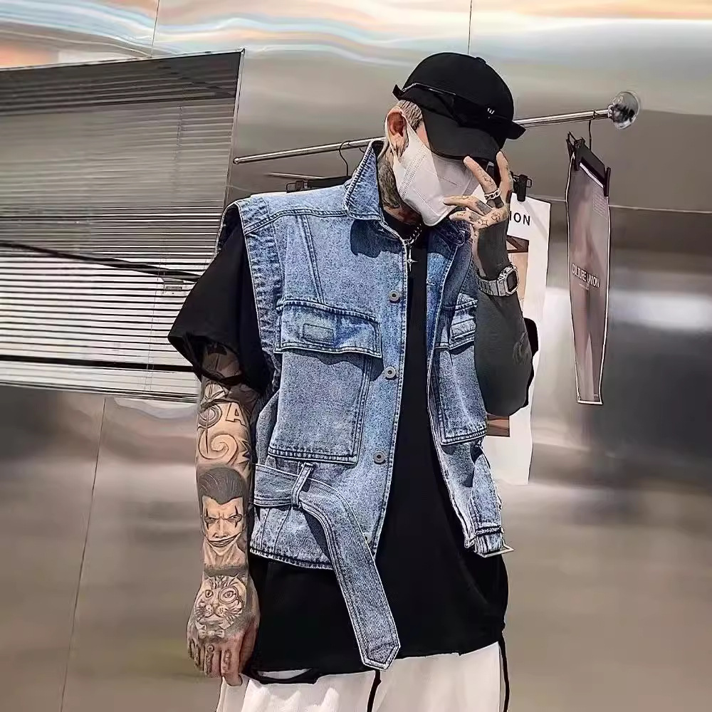 Hong Kong style collared workwear denim vest men's trendy edgy style vest with large pockets, summer trendy sleeveless jacket