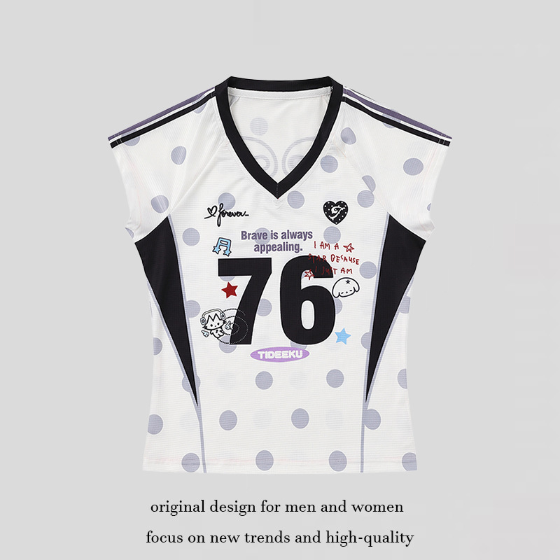 American-Style Polka Dot Puppy Print V-Neck Sleeveless Short-Sleeve T-Shirt for Women, 2026 Summer Slim-Fit Sporty Crop Top American-Style Polka Dot Puppy Print V-Neck Sleeveless Short-Sleeve T-Shirt for Women, 2026 Summer Slim-Fit Sporty Crop Top