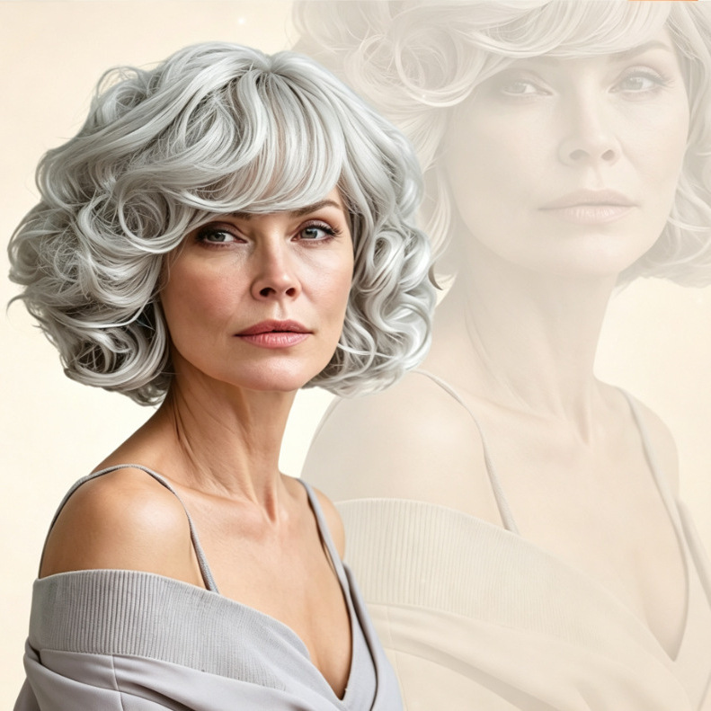 European and American style synthetic hair wig in silver gray with short waves, side bangs, voluminous small curls, and a fashionable full-head design European and American style synthetic hair wig in silver gray with short waves, side bangs, voluminous small curls, and a fashionable full-head design