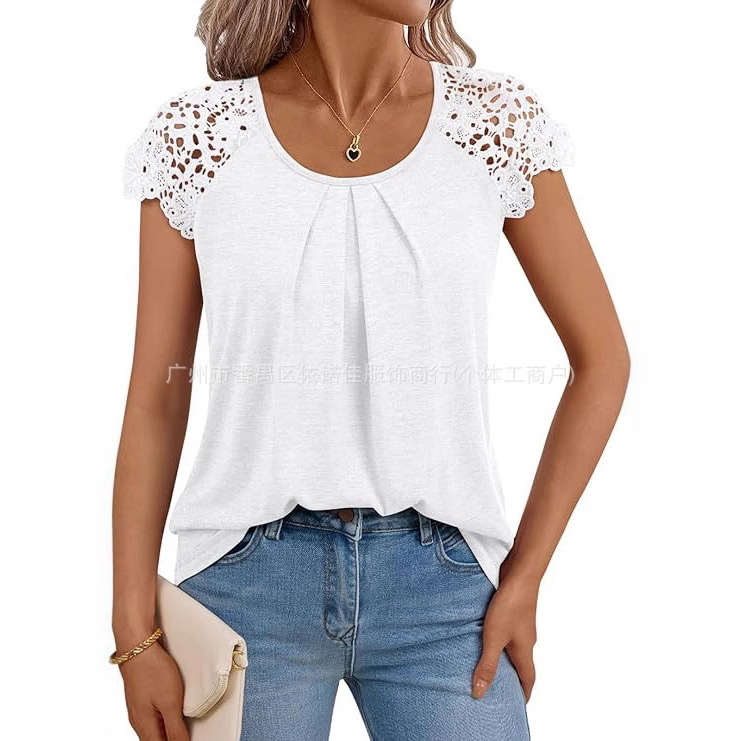 工厂现货亚马逊ebay女装爆款圆领纯色高密雪纺花边短袖上衣