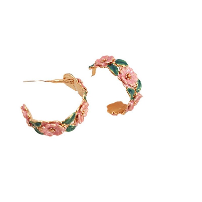 バラの花の枝春のロマンチックなフレンチドリップ釉薬の花C型イヤリング女性の新しいライト高級ハイエンドイヤリング気質|undefined