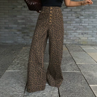 欧美牛仔裤女美式复古豹纹印花排扣高腰阔腿牛仔裤辣妹拖地长裤