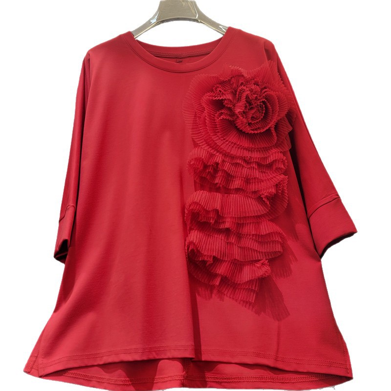 Camiseta de manga corta de flor tridimensional de industria pesada 2026 primavera y verano coreana suelta y delgada de color sólido Camiseta casual versátil
