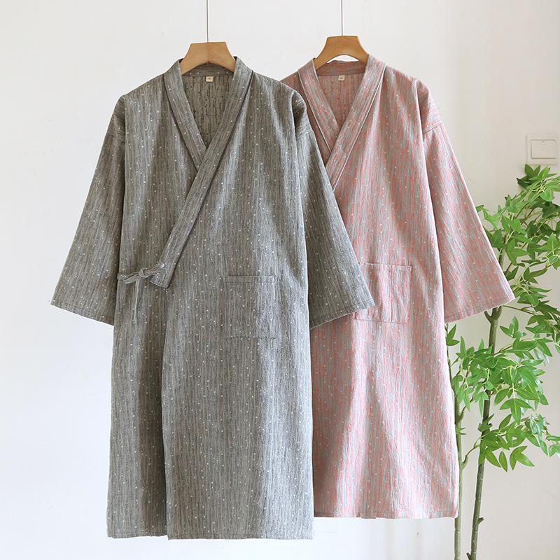 Hanfu Nightgown Lace-up Bathrobe for Men and Women Spring, Summer and Autumn Thin Pure Cotton Yarn-dyed plus size Bathrobe Sweatshirt Japanese-style Kimono