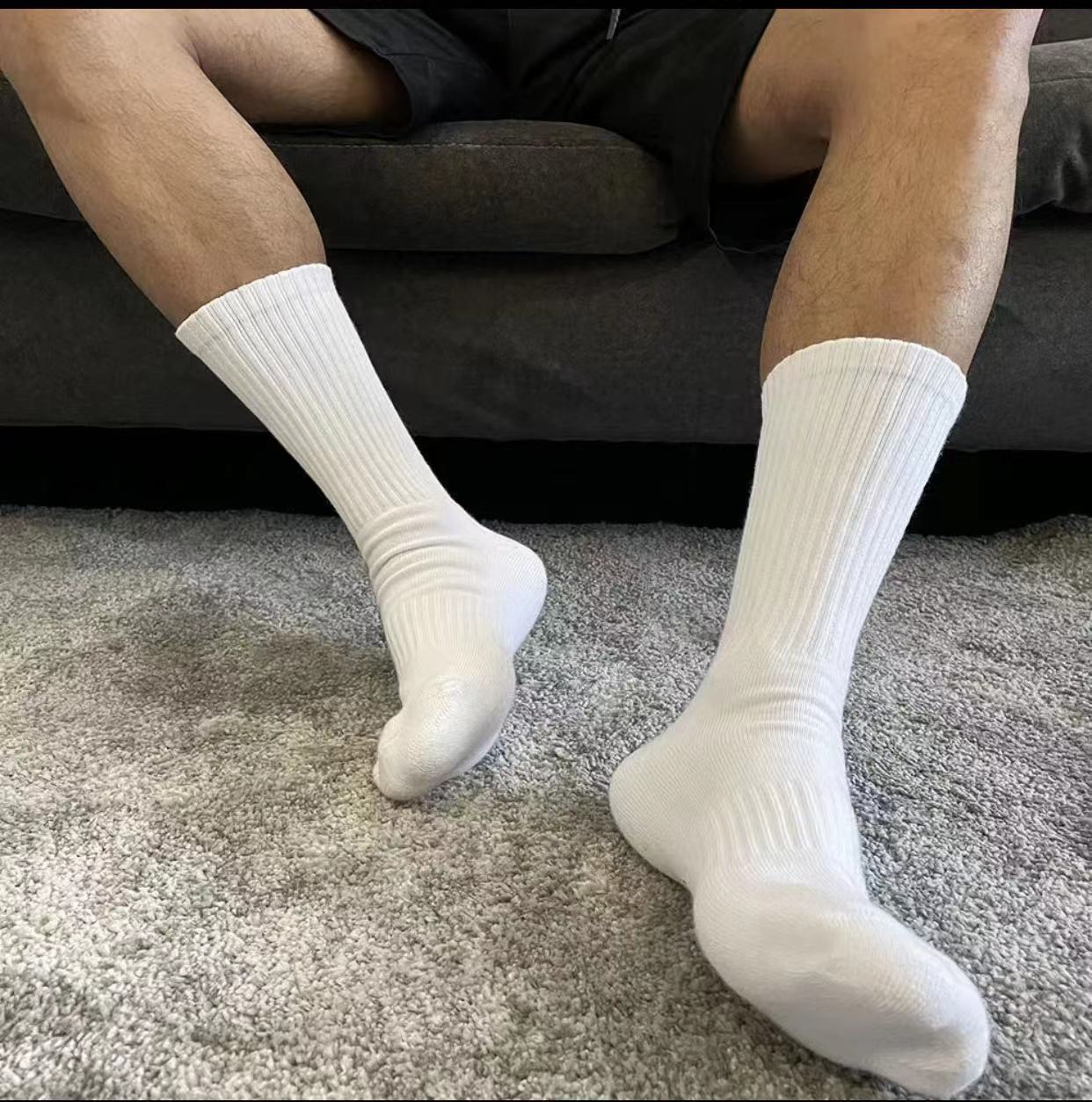 Men's Mid-Calf Towel-Soled Socks, Thickened for Autumn and Winter, Versatile for Sports and Leisure, Thin for Spring and Summer, Basketball White