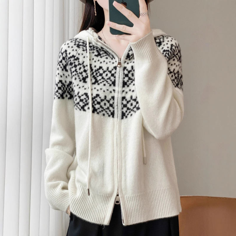 100 Wool Seven-Needle Thickeneded Fair Isle Hooded Double Zipper Cardigan Retro Contrast Color Cardigan Sweater Jacket for Women