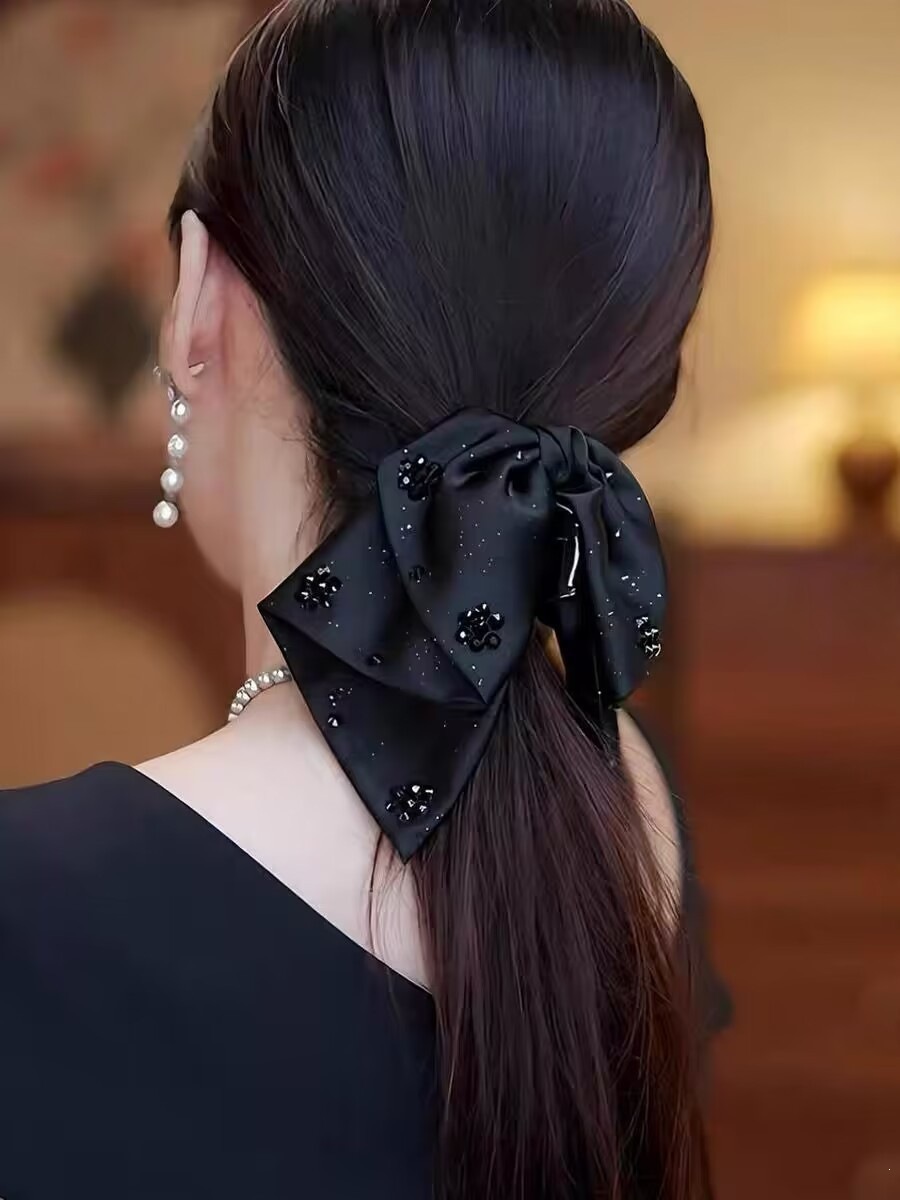 Satín de alta sensación, arco negro grande, clip de tiburón, toque de cabeza, clip de nube, clip de agarre, clip de cabello, tarjeta de cabello de mujer
