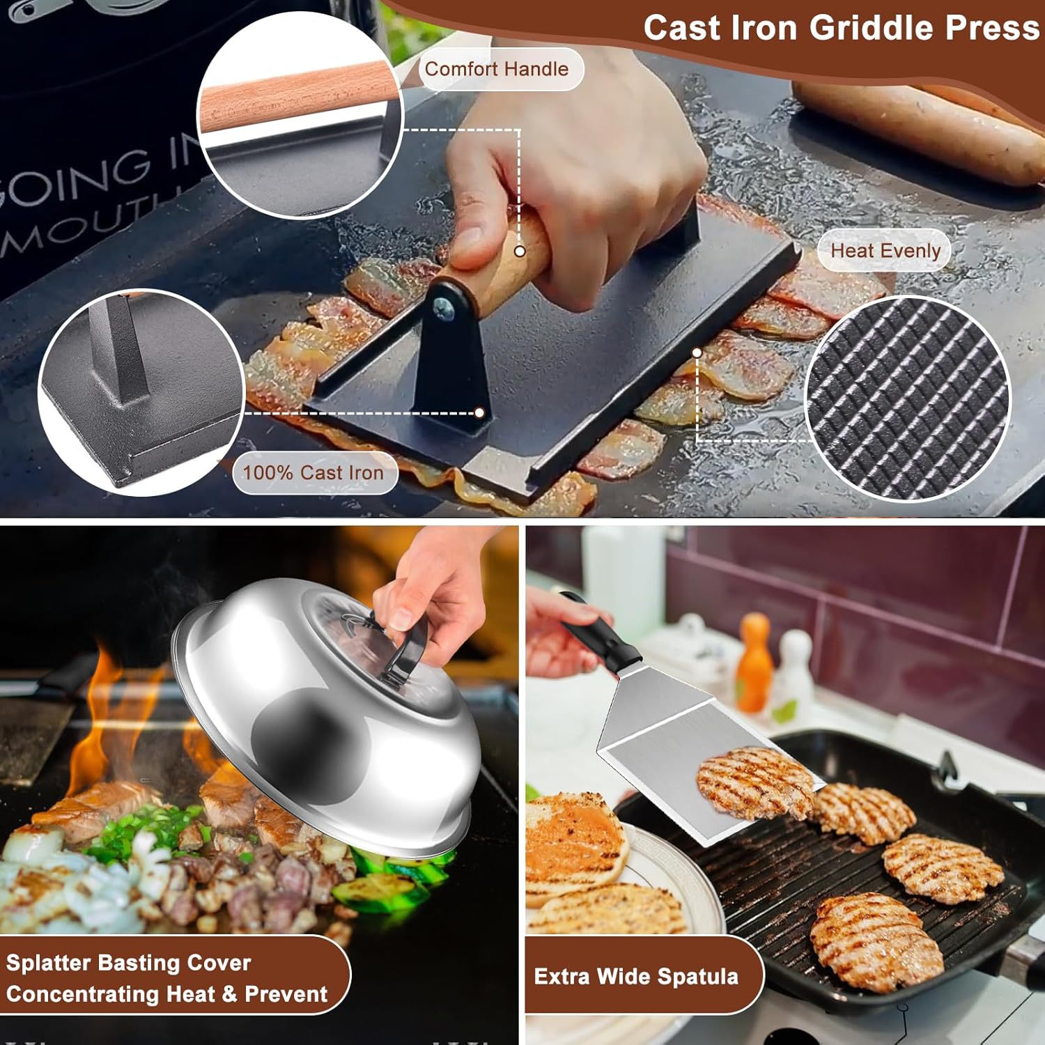 Amazon Hot sale acero inoxidable placa de acampamiento al aire libre BBQ hamburguesas pala de cocina combinación de herramientas de barbacoa