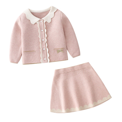 Children's clothing 2024 Autumn New Arrival Pink Chanel-style 1-3 year old girl cotton knit sweater and skirt set