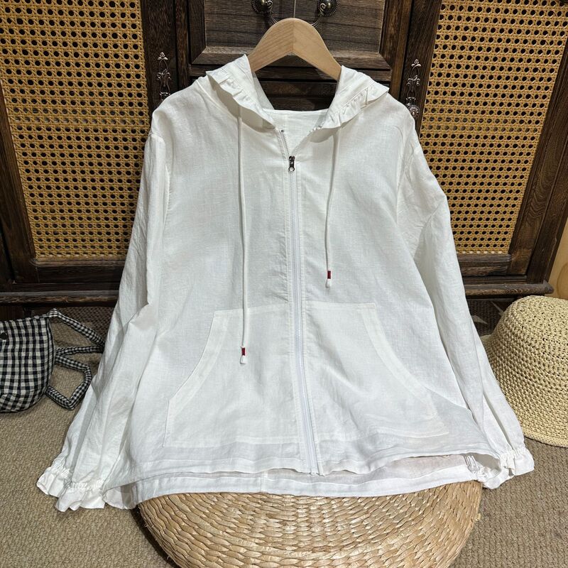 [in Stock] 2026 Summer Thin Hemp Hooded Cardigan Women's Top Artistic Versatile Jacket Lightweight Sun Protection Coat