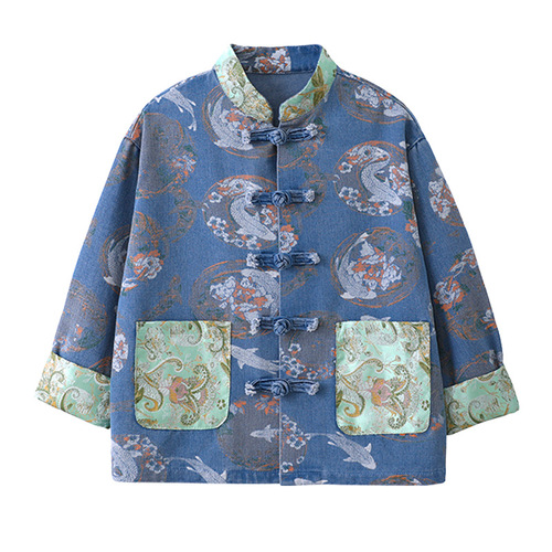 Boys' Hanfu 2024 Spring and Autumn Chinese Style Denim Jacket, Traditional Chinese Children's Nationality Costume Top, Tang-style Formal Dress