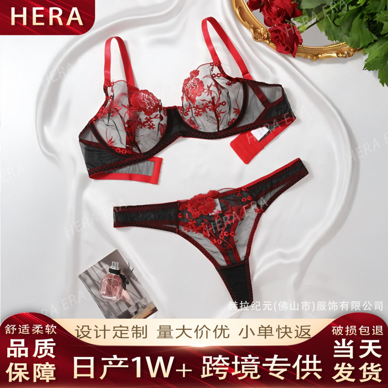 Hera Cross-Border Sexy Intimates Lace Embroider Set Thong Wholesale Manufacturer Straight Hair Mesh Women's Intimates