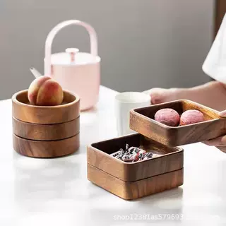 整木胡桃木方形托盘商用餐具盘子圆形木质沙拉碗商务礼品现代简约