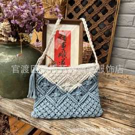 扎染蓝染蓝白染棉线手工编织流苏斜挎包文创女包慵懒休闲包