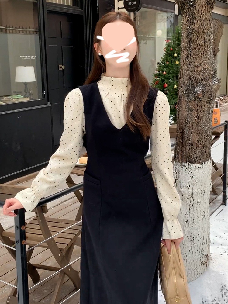 气质波点衬衫背带连衣裙子女秋冬季小香风穿搭配一整套装内搭长裙