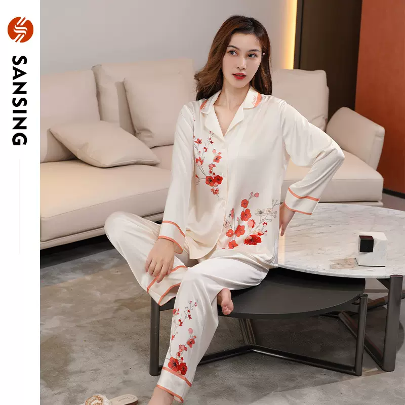 睡衣女春秋冰丝长袖大码套装夏季高级感轻奢网红新中式家居服