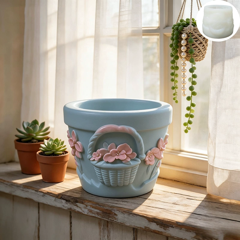 Силиконовая форма для цветочных горшков с объёмными цветами для DIY из цемента и гипса