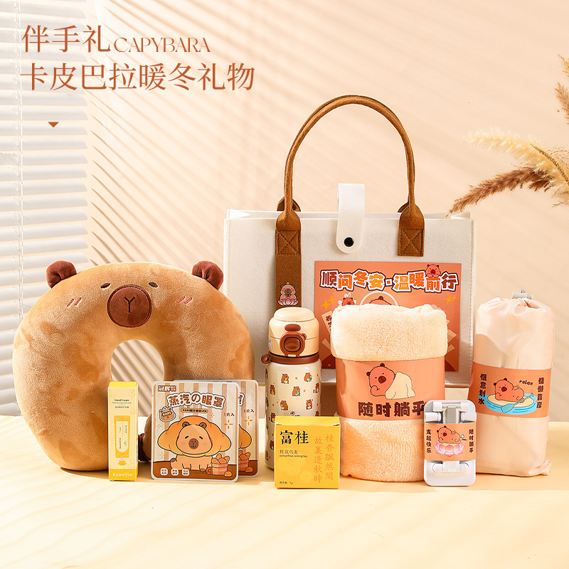 Autumn and Winter Warm Gifts, Practical Gifts for Customers, Annual Meeting Business Event Gifts, Capibala Felt Bag Pillow Set