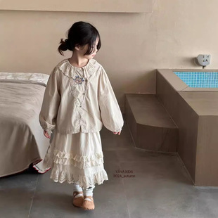 Girls' Shirts 2025 Spring New Clothing Forest Style Children's Clothing Baby Girl Design Embroidered Lace Collar Long-Sleeved Tops Trendy