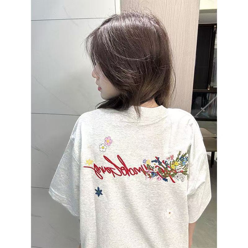 [徐艺洋同款]手写花卉刺绣印花短袖T恤男女款美式宽松凉感防晒t