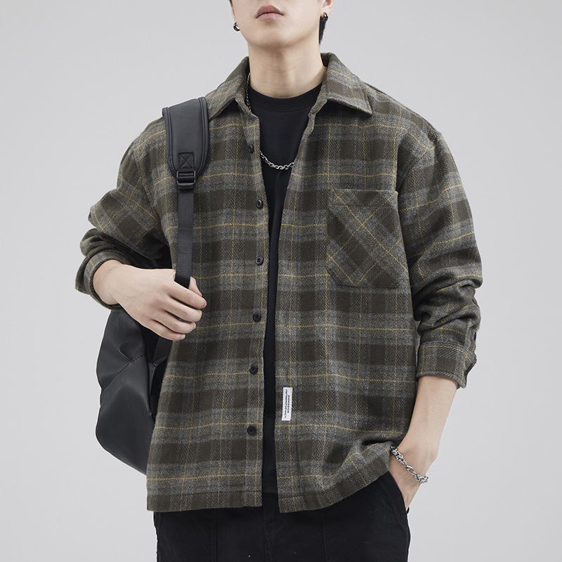 2024 Autumn and Winter New Japanese Retro Thickened Plaid Jacket Loose Casual Men's Long Sleeve Shirt American Z956