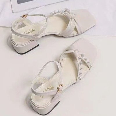 Sandalias de Mujer 2024, Nuevas, Versátiles, de Verano, Totalmente Blancas, Tacón Bajo, Tacón Cuadrado, Tacón Plano, Punta Abierta, Peep Toe