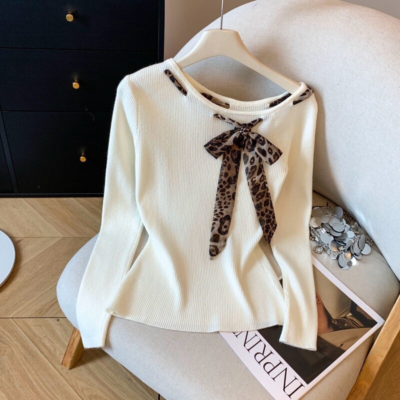 2026 Early Spring Leopard Print Tie-Sleeve Knit Top for Women, Early Autumn Off-Shoulder Base Layer with a Stylish Slim-Fit Design