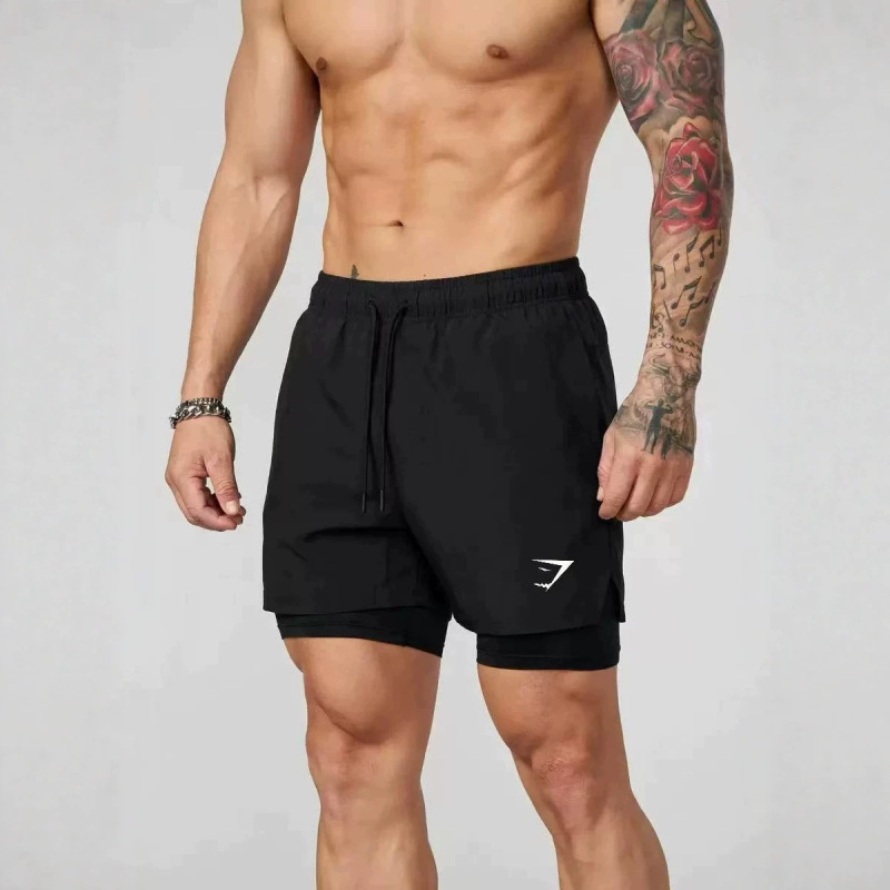 Gymshark Men's Shorts 2-in-1 Double-Layer Shorts Muscle Sports Training Fitness Casual Loose Printed Shorts