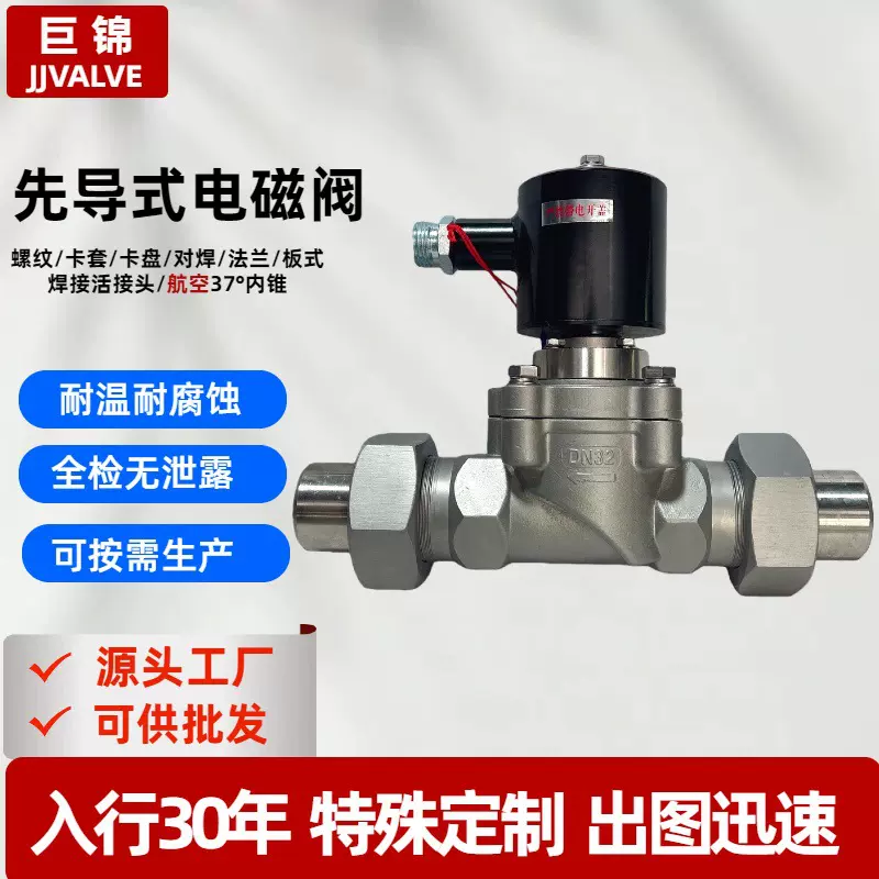 先导式高压不锈钢电磁阀防爆24v水气油低温常开闭控制1356780MPa