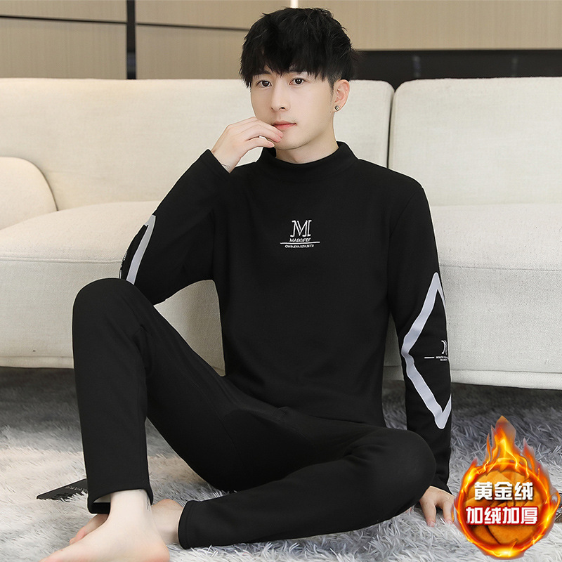 Men's Thermal Underwear Set with Fleece Lining, Thickened for Autumn and Winter, Cold-Proof Base Layer for Teenagers and Students, Mid-Neck Top and Bottom