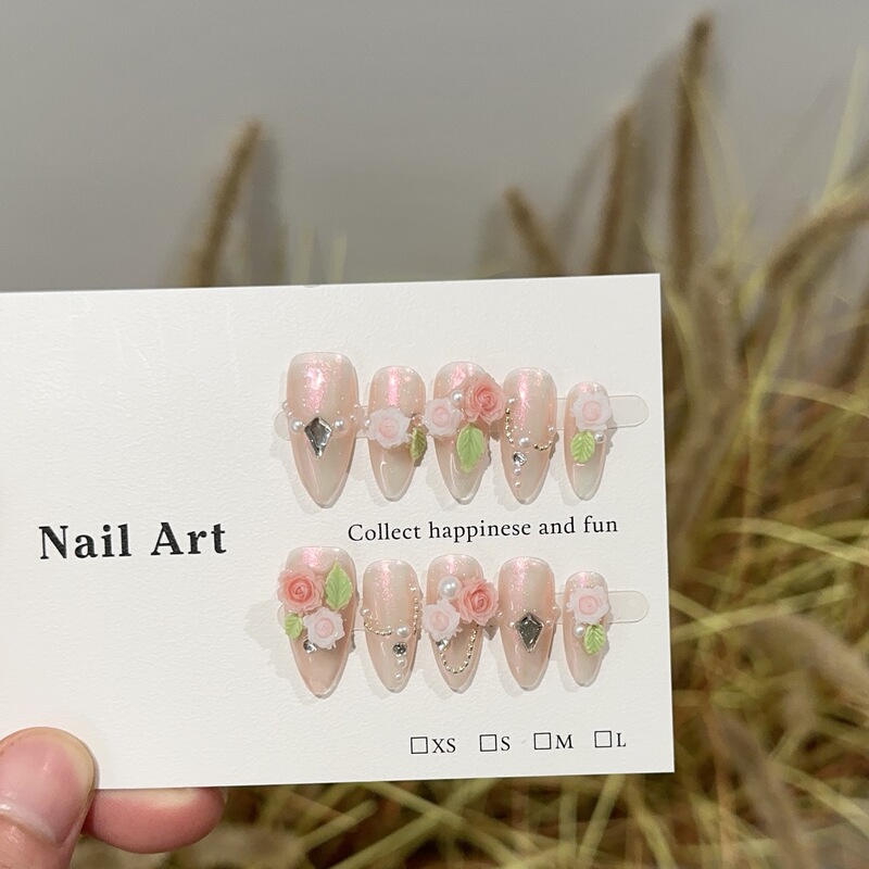 Pure Hand-Wearing Nail Pieces Spring and Summer Fluorescent Pink Nail Art Shown White Camellia Flowers Almond Nail Sweet Nail Art Nail