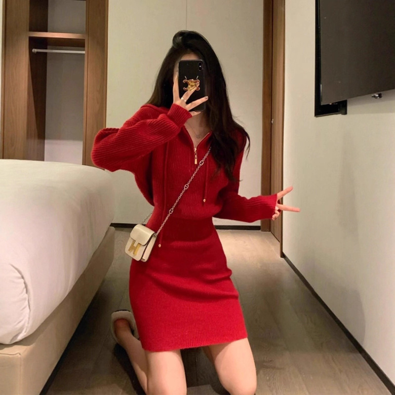 Brother's Boutique Quality Autumn and Winter New Red Christmas and New Year Festive Knit Sweater Dress for Women