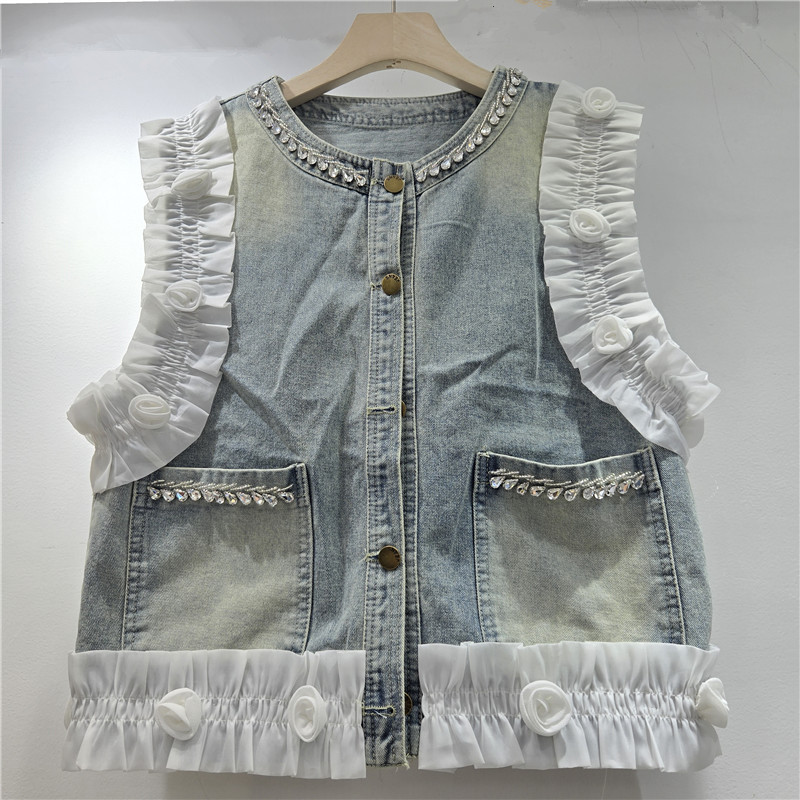 Flor francesa dulce tridimensional diseño de diamante chaleco de vaquero mujer primavera y verano nueva moda extranjera blusa versátil