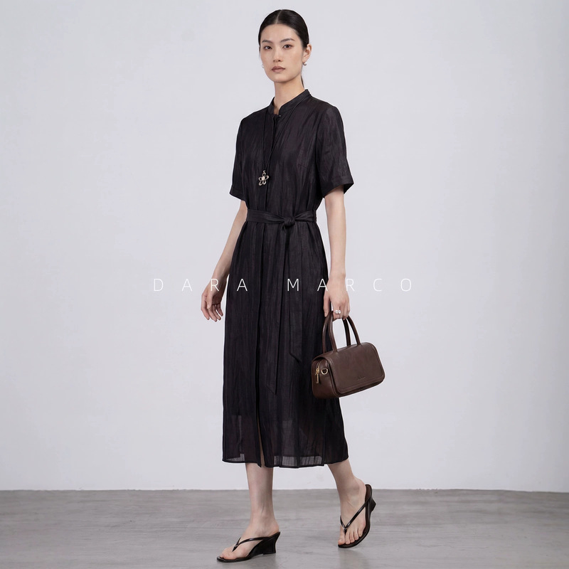 D-Series Acetate High-End Textured Lace-Up Stand-Collar Short-Sleeve Dress, Wrinkle-Free, Suitable for Commuting