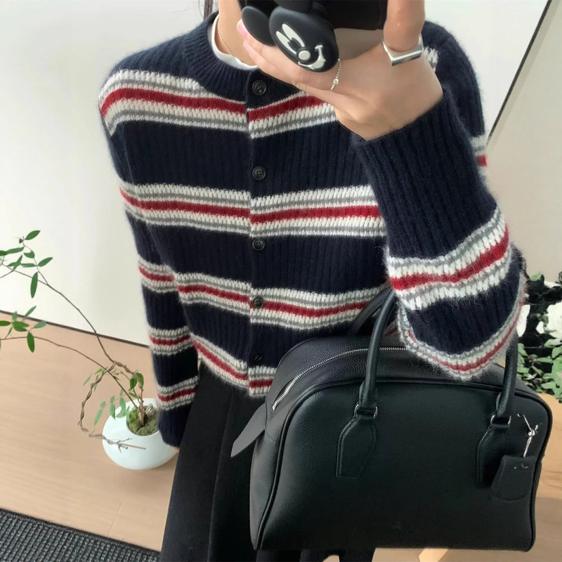 2025秋冬新款时尚撞色圆领条纹针织开衫女宽松百搭毛衣外套女上衣|undefined
