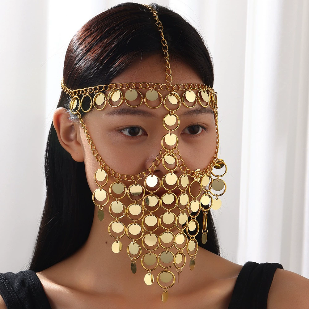 Новые украшения для лица Ближний Восток горячие продажи золотой металлический медный лист с бахроной цепочкой маска для лица, танцевальные аксессуары