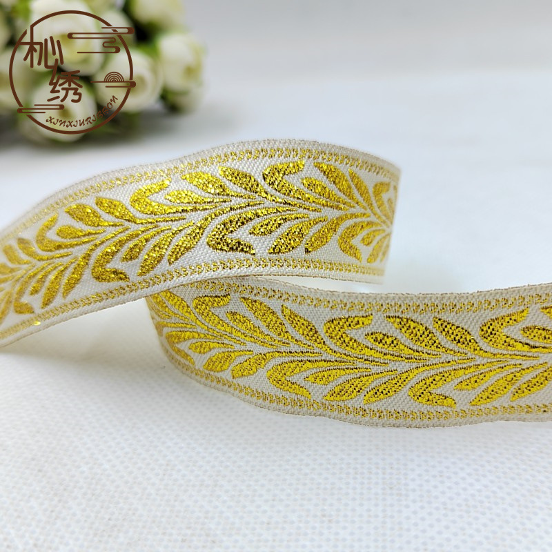 En stock ropa al por mayor textil hogar cortina TRIM 2,5 cm estilo étnico Ordenador de encaje oro y plata seda hoja sauce jacquard cinturón