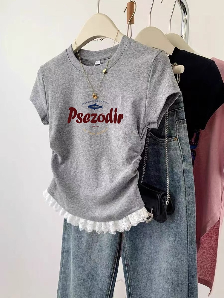 Shoulder Pure Cotton Short-sleeved Shirt American Printed Letter 2025 Summer New Design Sense Tight Waist Pleated Hot Girl Top