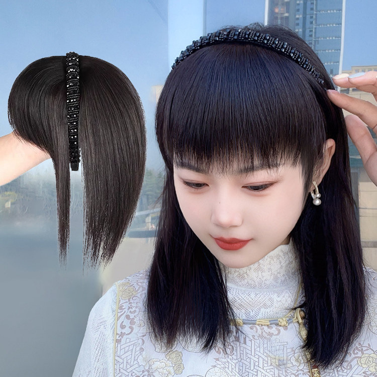 Hairband with Bangs and Hairpiece for Women, Integrated Hairpiece to Cover White Hair, Stylish Rhinestone Hairband, Straight Hairpiece